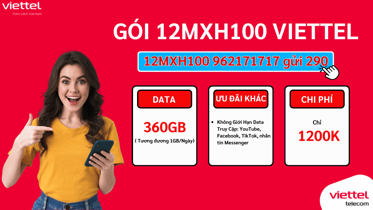 Gói 4G Viettel 12MXH100 – Miễn Phí Data TikTok, Facebook, YouTube Cả Năm