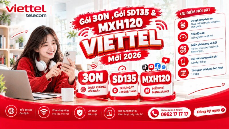 Gói 30N ,Gói SD135 & MXH120 Viettel Mới 2026