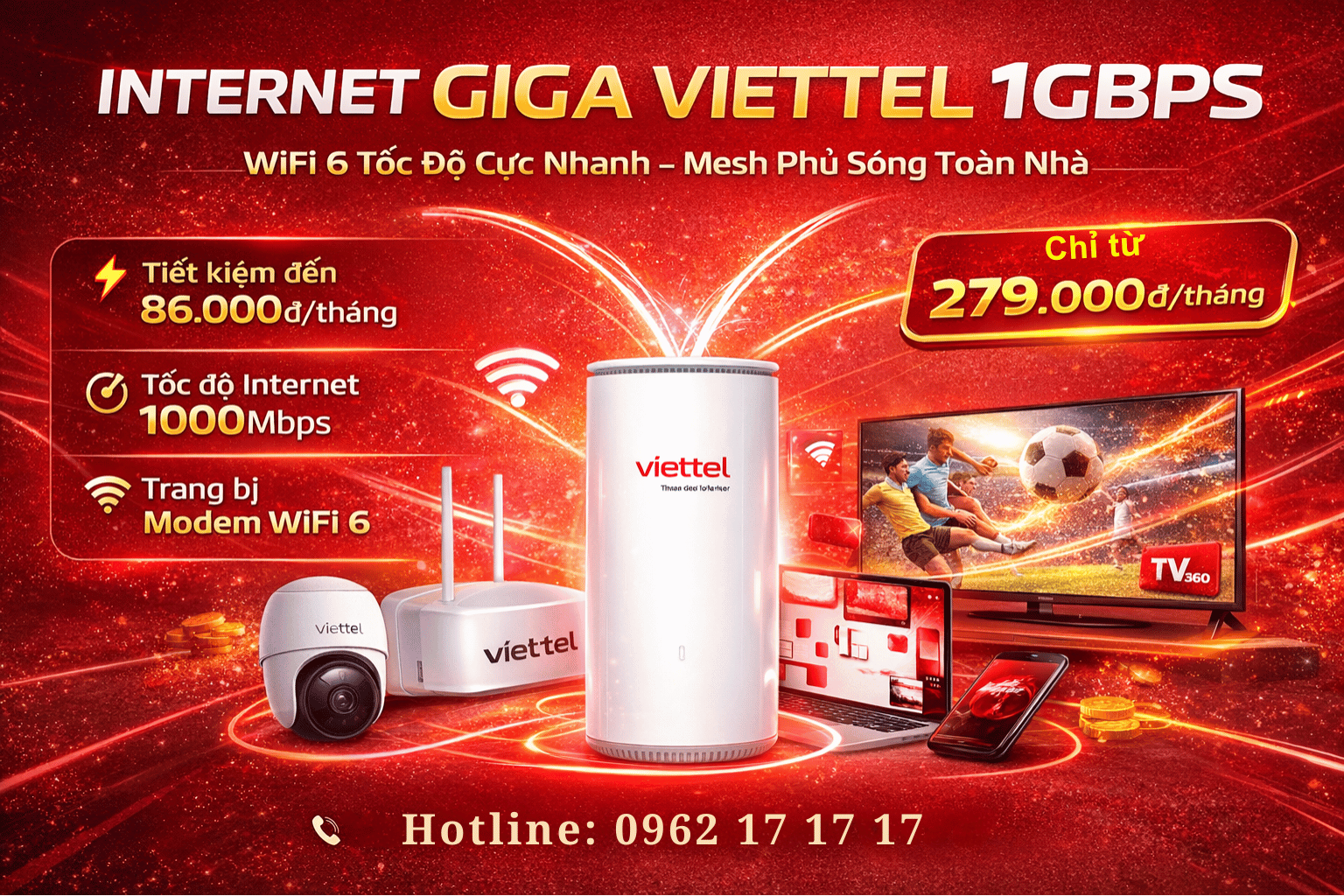 Gói Internet GIGA Viettel 1Gbps – Tốc Độ Cực Nhanh, Giá Ưu Đãi Từ 279.000đ/Tháng