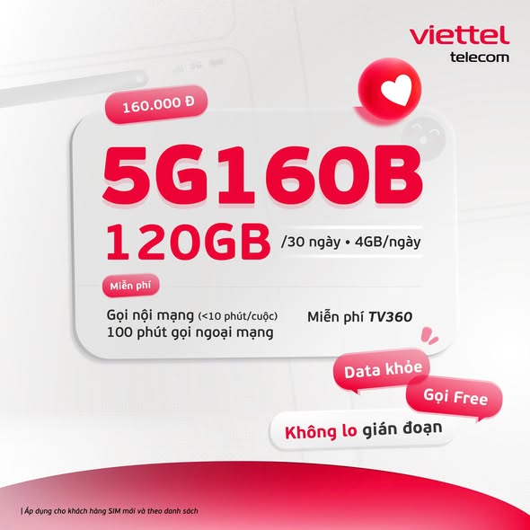 Gói 5G160B - Data khỏe, gọi free, dùng đa nhiệm thoải mái