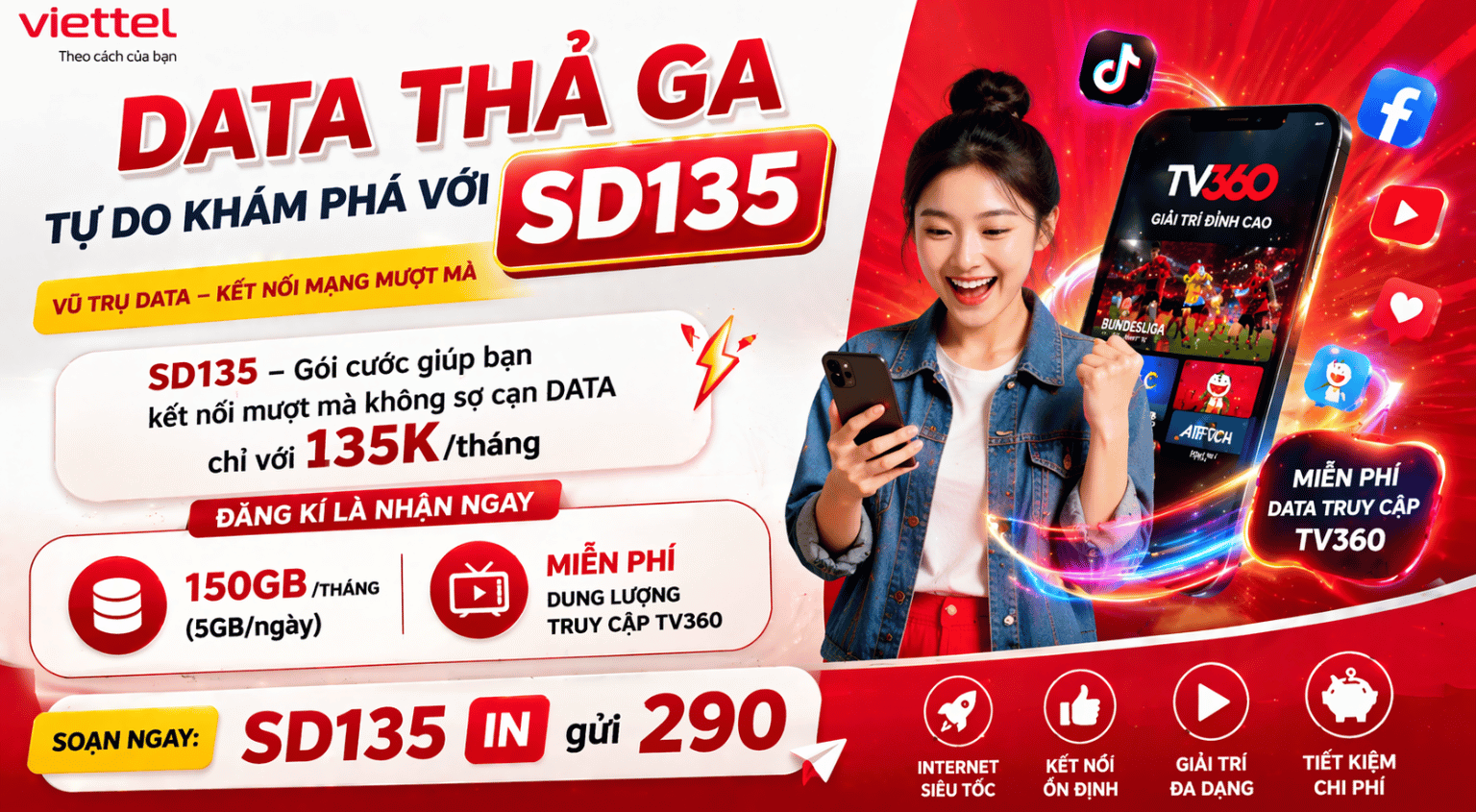 Gói SD135 Viettel: 150GB/Tháng, 5GB/Ngày, Kết Nối Mượt Mà Chỉ 135K