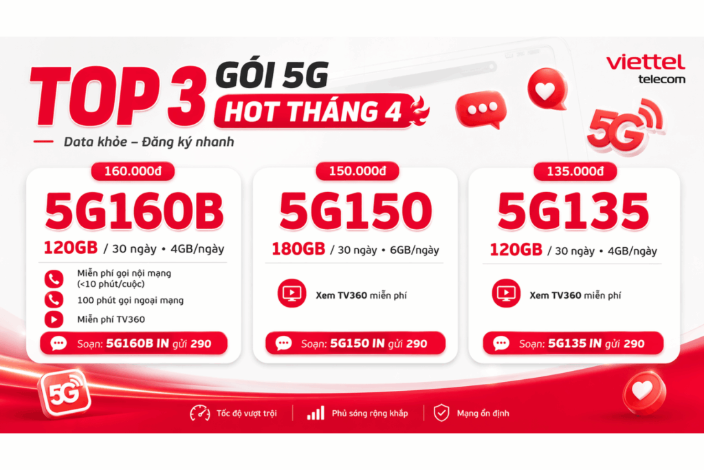 Top 3 Gói 5G Viettel Hot Nhất Tháng 4: Data Khỏe, Giá Hợp Lý, Đăng Ký Nhanh
