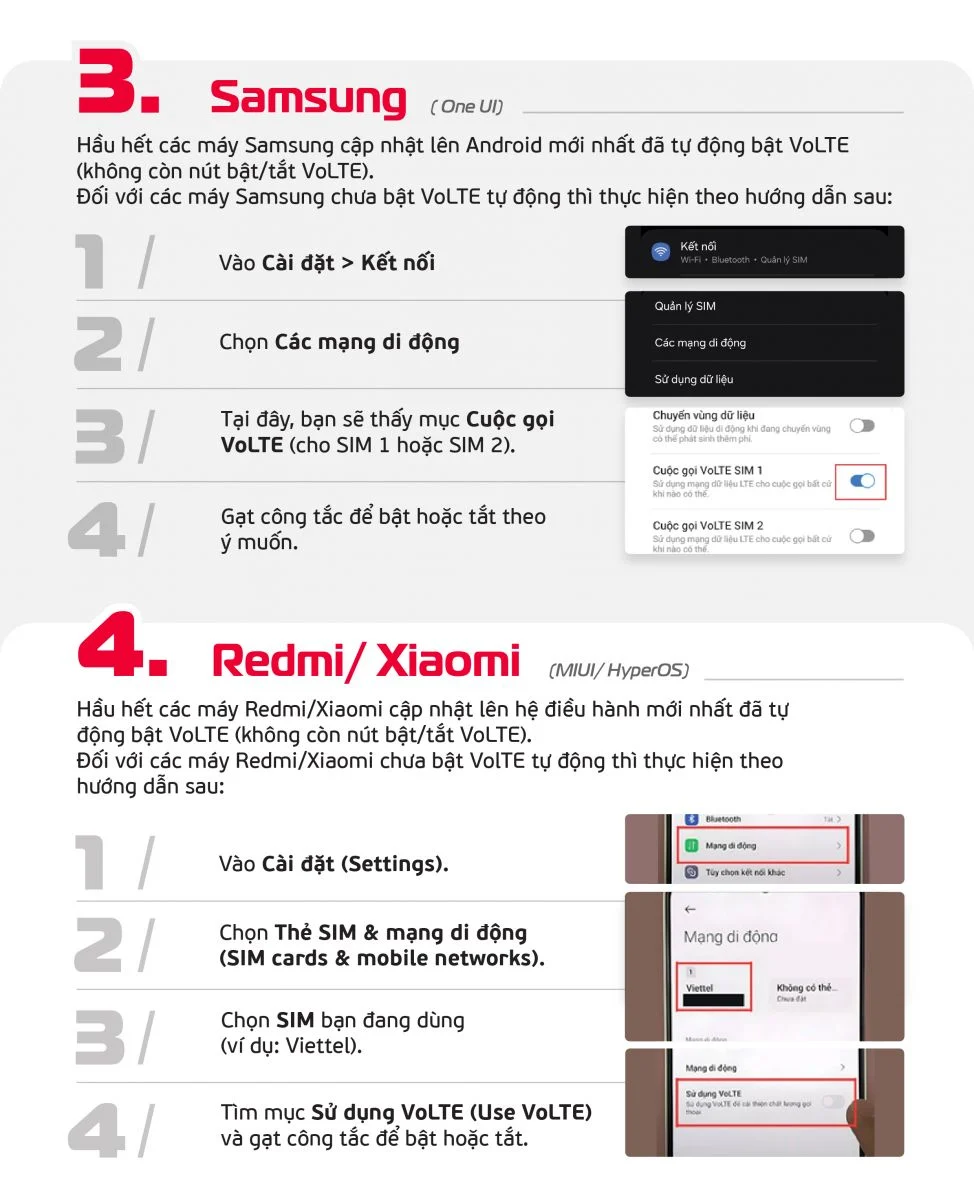 Cách bật VoLTE trên Samsung, Redmi và Xiaomi