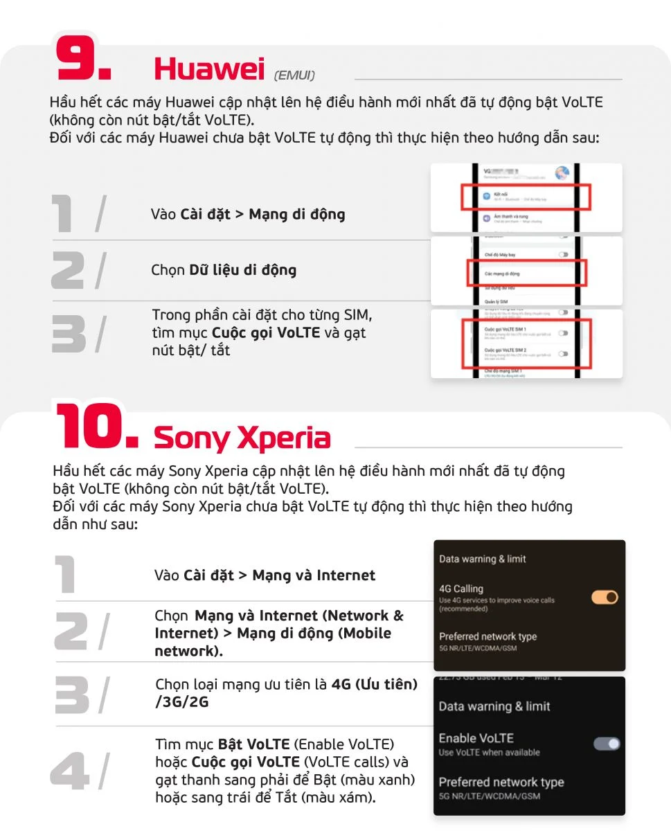 Cách bật VoLTE trên Huawei và Sony Experia