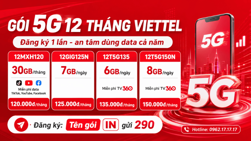 Gói 5G 12 Tháng Viettel: Đăng Ký 1 Lần, An Tâm Dùng Data Cả Năm