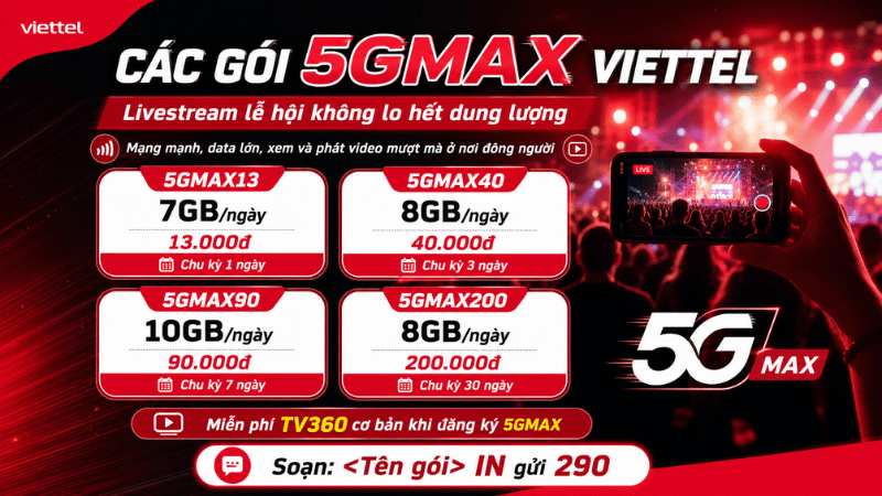 Các Gói 5GMAX Viettel: Data Khỏe Để Livestream Sự Kiện, Xem Video Mượt Và Online Ổn Định