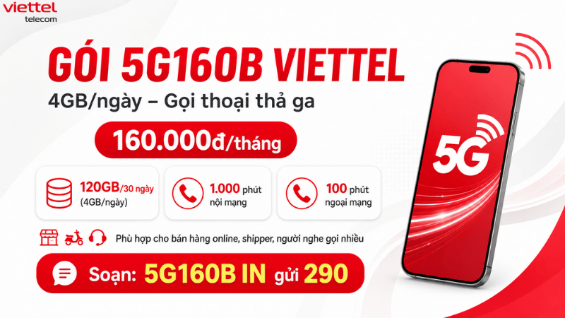 Gói 5G160B Viettel: Nghe Gọi Thoải Mái, 4GB/Ngày, Tiết Kiệm Chi Phí Cho Cả Tháng