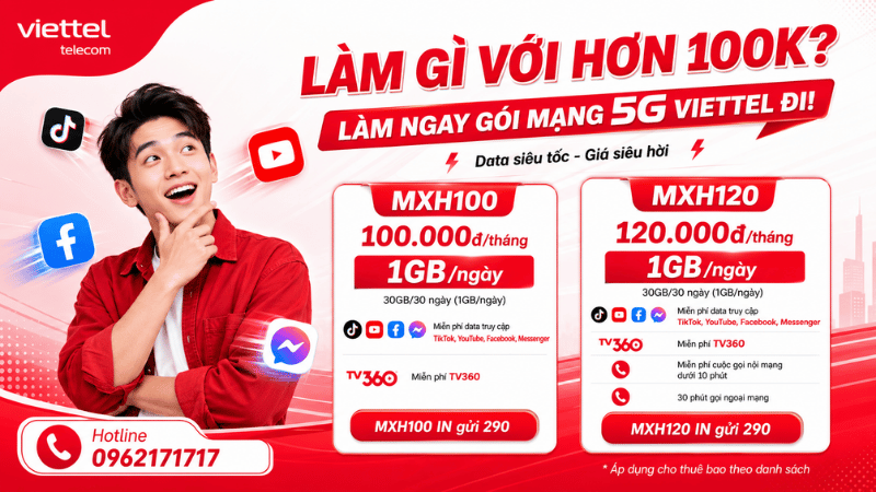 Gói MXH100 Và MXH120 Viettel - Hơn 100K Có Ngay Data 5G Dùng Cả Tháng
