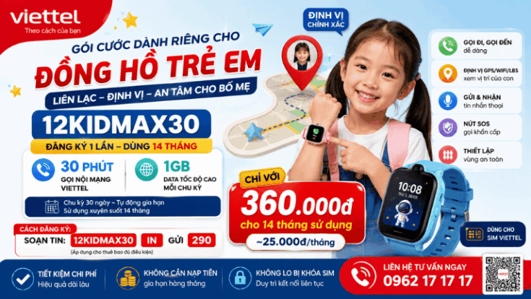 Gói 12KIDMAX30 Viettel Cho Đồng Hồ Trẻ Em