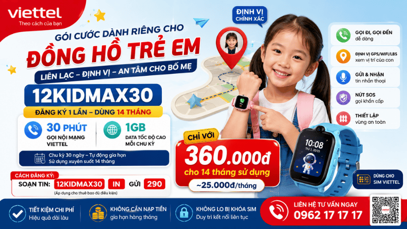 Gói 12KIDMAX30 Viettel Cho Đồng Hồ Trẻ Em - Dùng 14 Tháng Chỉ 360.000đ