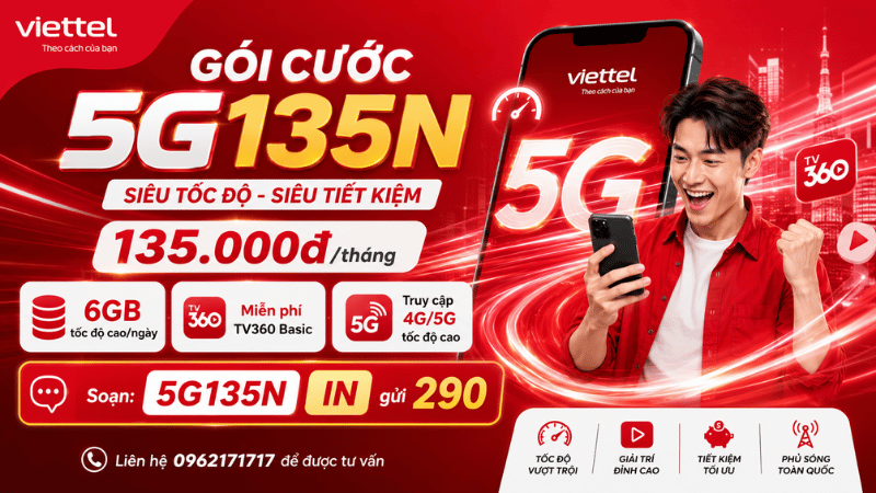 Gói 5G135N Viettel - 6GB/Ngày, Miễn Phí TV360 Basic Và 20GB MyBox
