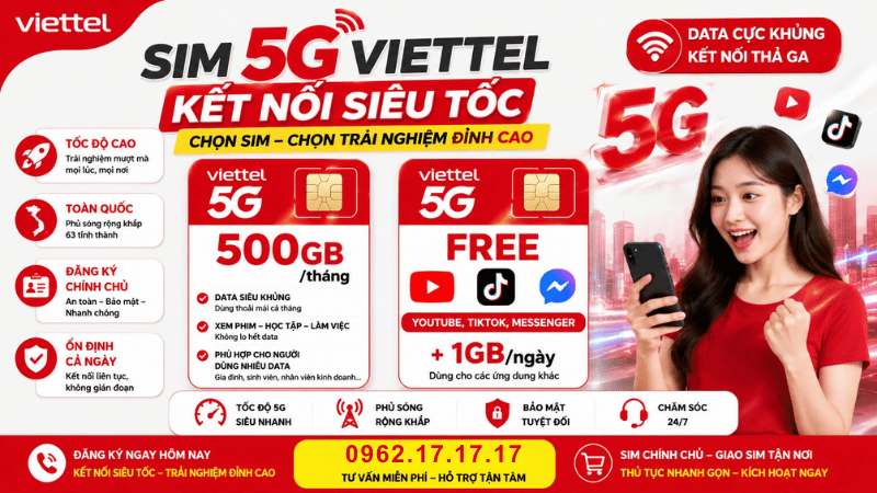 Sim 5G Viettel Data Khủng - Lựa Chọn 500GB/Tháng Hoặc Miễn Phí YouTube, TikTok, Messenger