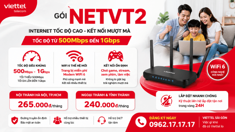 Gói NETVT2 Viettel: Internet Tốc Độ Cao 500Mbps - 1Gbps, Trang Bị Modem WiFi 6