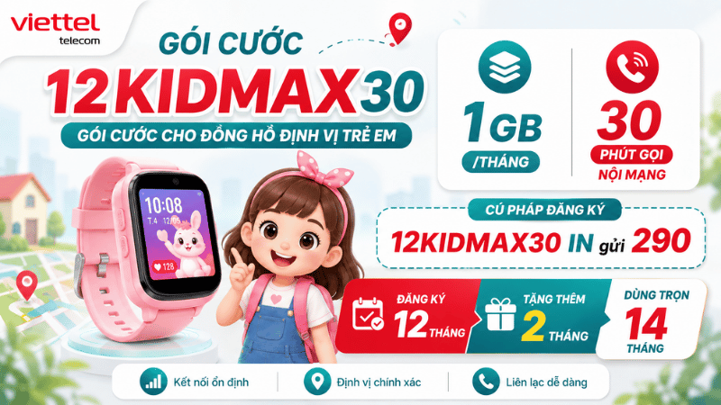 Gói 12KIDMAX30 Viettel Cho Đồng Hồ Định Vị Trẻ Em