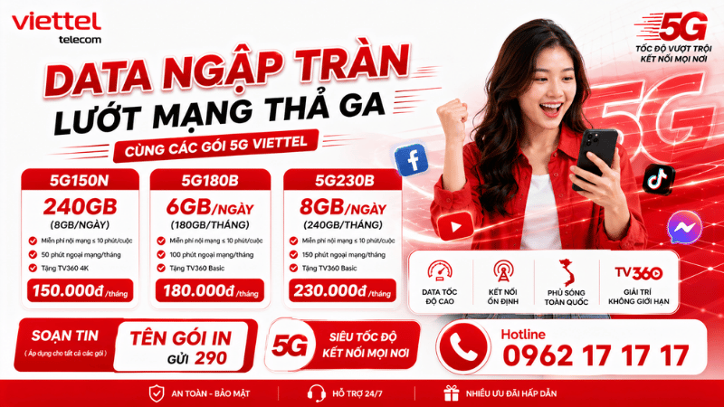 Data Ngập Tràn - Lướt Mạng Thả Ga Cùng Các Gói 5G Viettel 5G150N, 5G180B, 5G230B