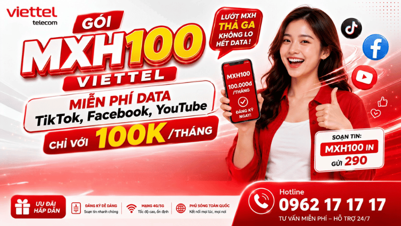 Gói MXH100 Viettel - Miễn Phí Data TikTok, Facebook, YouTube Chỉ Với 100K/Tháng