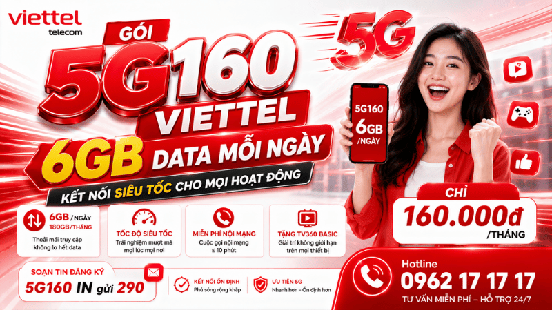 Gói 5G160 Viettel – 6GB Data Mỗi Ngày, Kết Nối Siêu Tốc Cho Mọi Hoạt Động