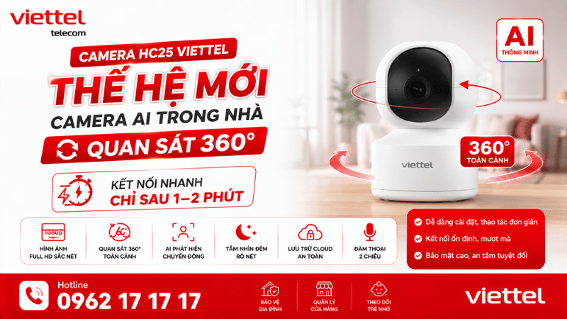 Camera HC25 Viettel Thế Hệ Mới - Camera AI Trong Nhà Quan Sát 360 Độ, Kết Nối Nhanh Chỉ Sau 1-2 Phút