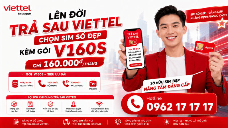 Lên Đời Trả Sau Viettel - Chọn Sim Số Đẹp Kèm Gói V160S Chỉ 160.000đ/Tháng