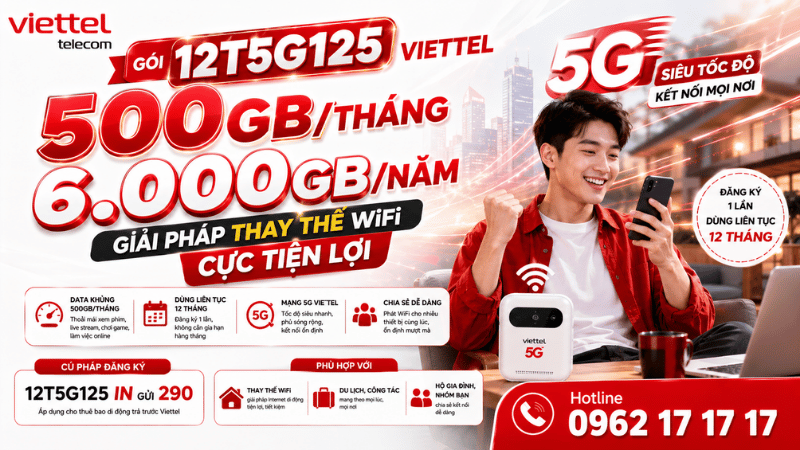 Gói 12T5G125 Viettel - 500GB/Tháng, 6000GB/Năm, Giải Pháp Thay Thế WiFi Cực Tiện Lợi