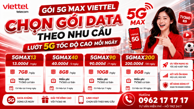 Gói 5G MAX Viettel - Chọn Gói Data Theo Nhu Cầu, Lướt 5G Tốc Độ Cao Mỗi Ngày
