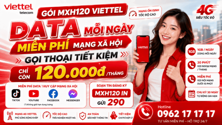 Gói MXH120 Viettel – Data Mỗi Ngày, Miễn Phí Mạng Xã Hội, Gọi Thoại Tiết Kiệm