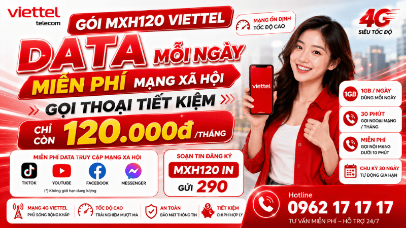 Gói MXH120 Viettel – Data Mỗi Ngày, Miễn Phí Mạng Xã Hội, Gọi Thoại Tiết Kiệm Chỉ 120.000đ/Tháng