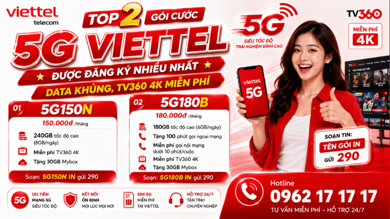 Top 2 Gói Cước 5G Viettel Được Đăng Ký Nhiều Nhất - Data Khủng, TV360 4K Miễn Phí