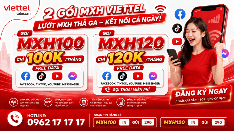 Gói MXH Viettel Chỉ Từ 100K/Tháng – Free Data Facebook, TikTok, YouTube, Messenger