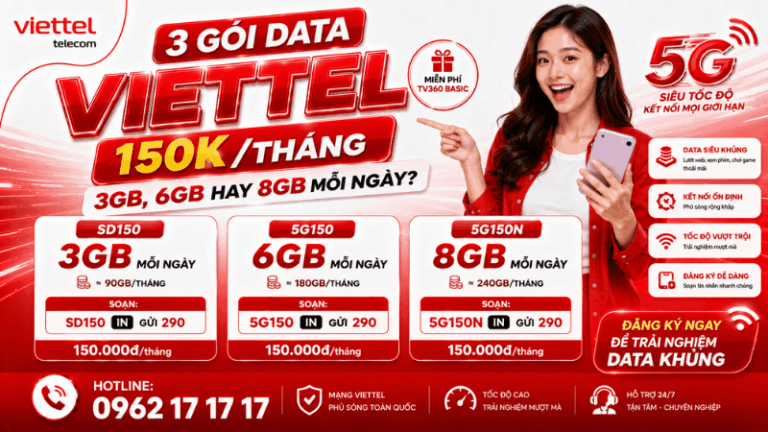 3 Gói Data Viettel 150K/Tháng