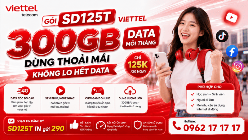 Gói SD125T Viettel - 300GB Data Mỗi Tháng, Dùng Thoải Mái Không Lo Hết Data