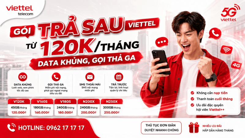 Gói Trả Sau Viettel Từ 120K/Tháng - Data Khủng, Gọi Thả Ga